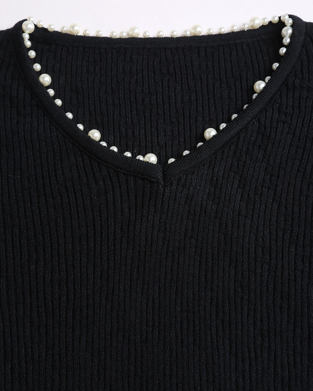 Siyah V Yaka Dar Örme Sweatshirt