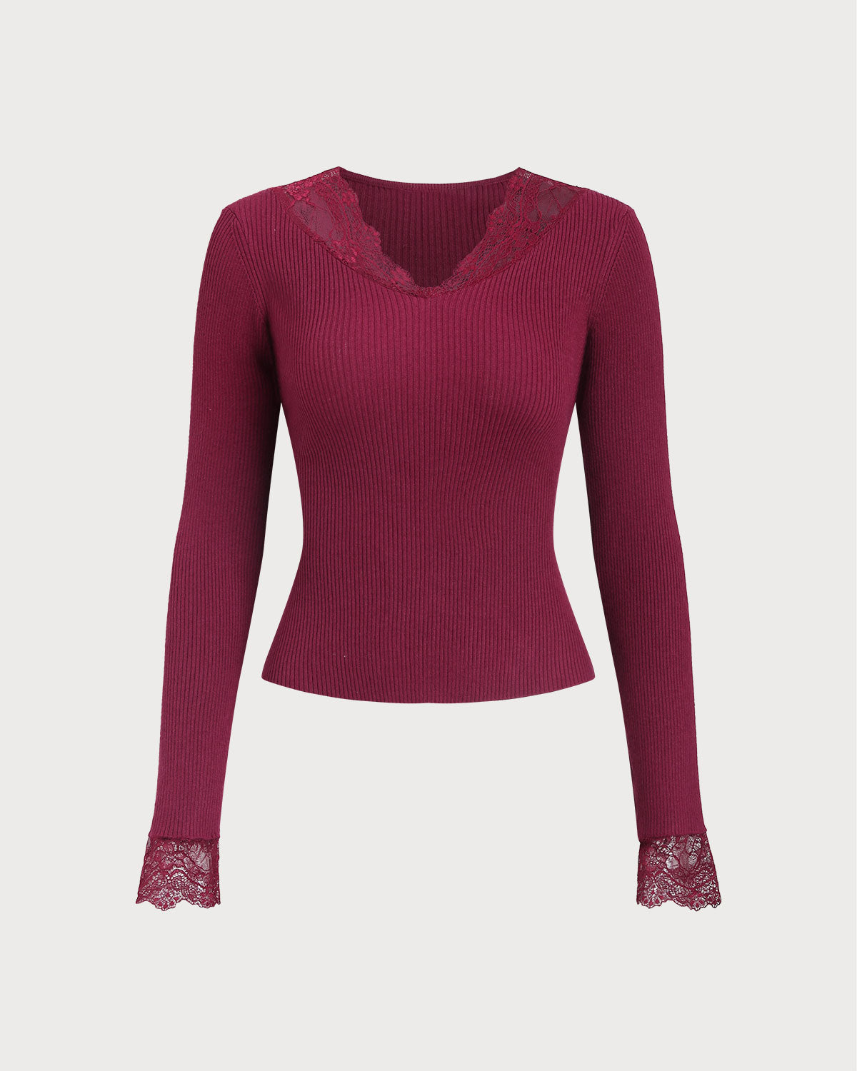 Şarap Kırmızısı V Yaka Ribana Örgü Kazak