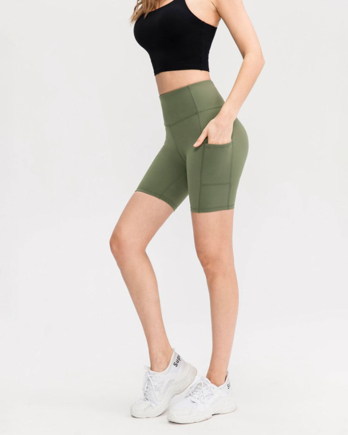 Yeşil Yüksek Bel Çabuk Kuruyan Yoga Şort