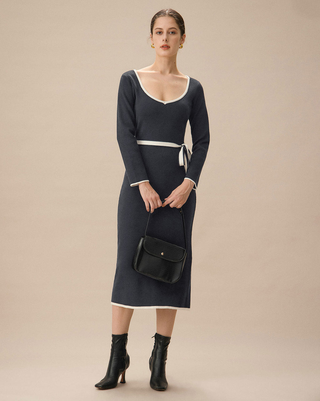 Gri Kontrast Kravatlı Bodycon Kazak Elbise