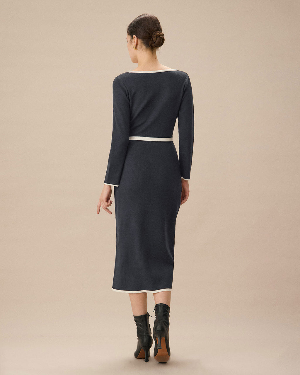 Gri Kontrast Kravatlı Bodycon Kazak Elbise
