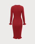 Kırmızı Bodycon Çan Kol Kazak Elbise