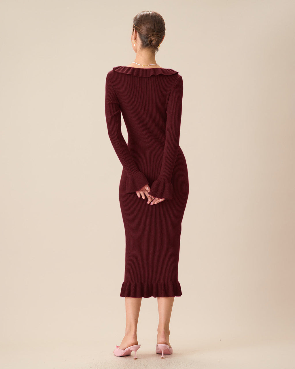 Şarap Kırmızısı Bodycon Çan Kollu Kazak Elbise