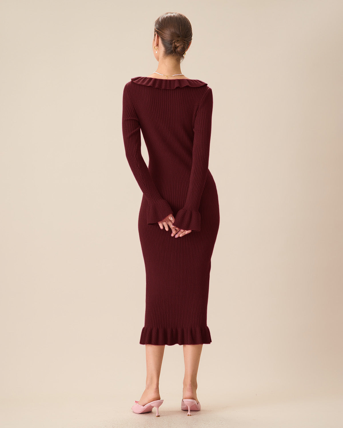 Şarap Kırmızısı Bodycon Çan Kollu Kazak Elbise