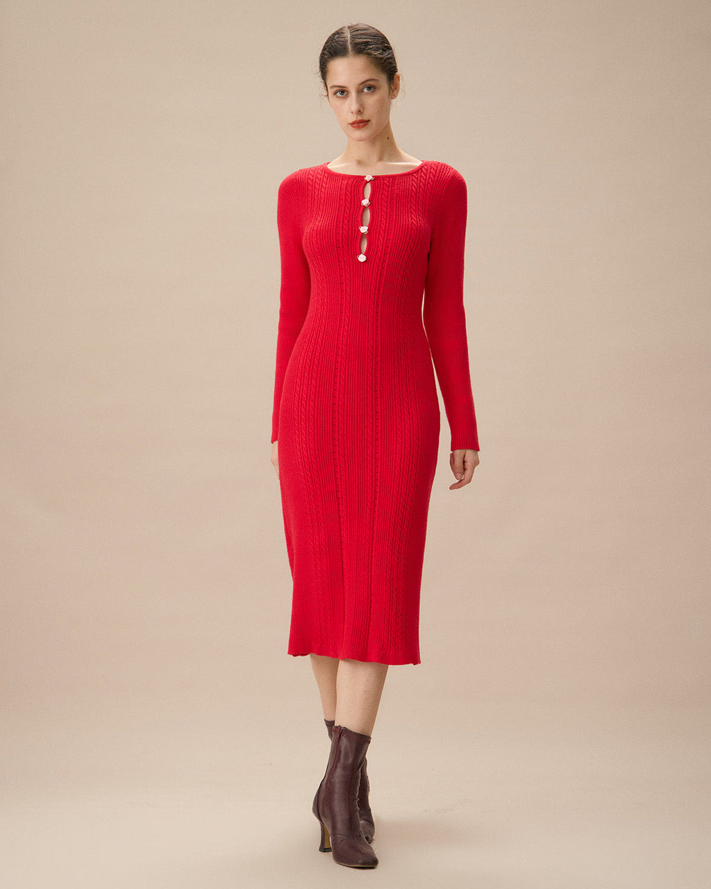Kırmızı Dekolteli Bodycon Kazak Elbise