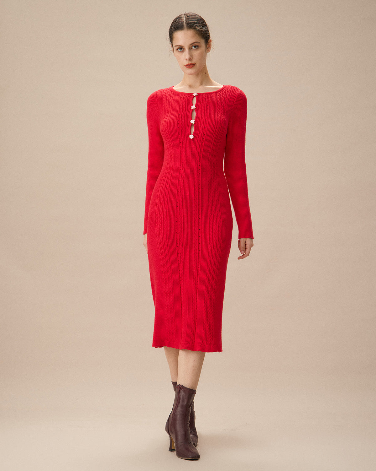 Kırmızı Dekolteli Bodycon Kazak Elbise