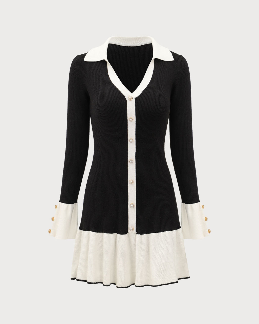 Siyah Kontrast Zil Kol Triko Elbise