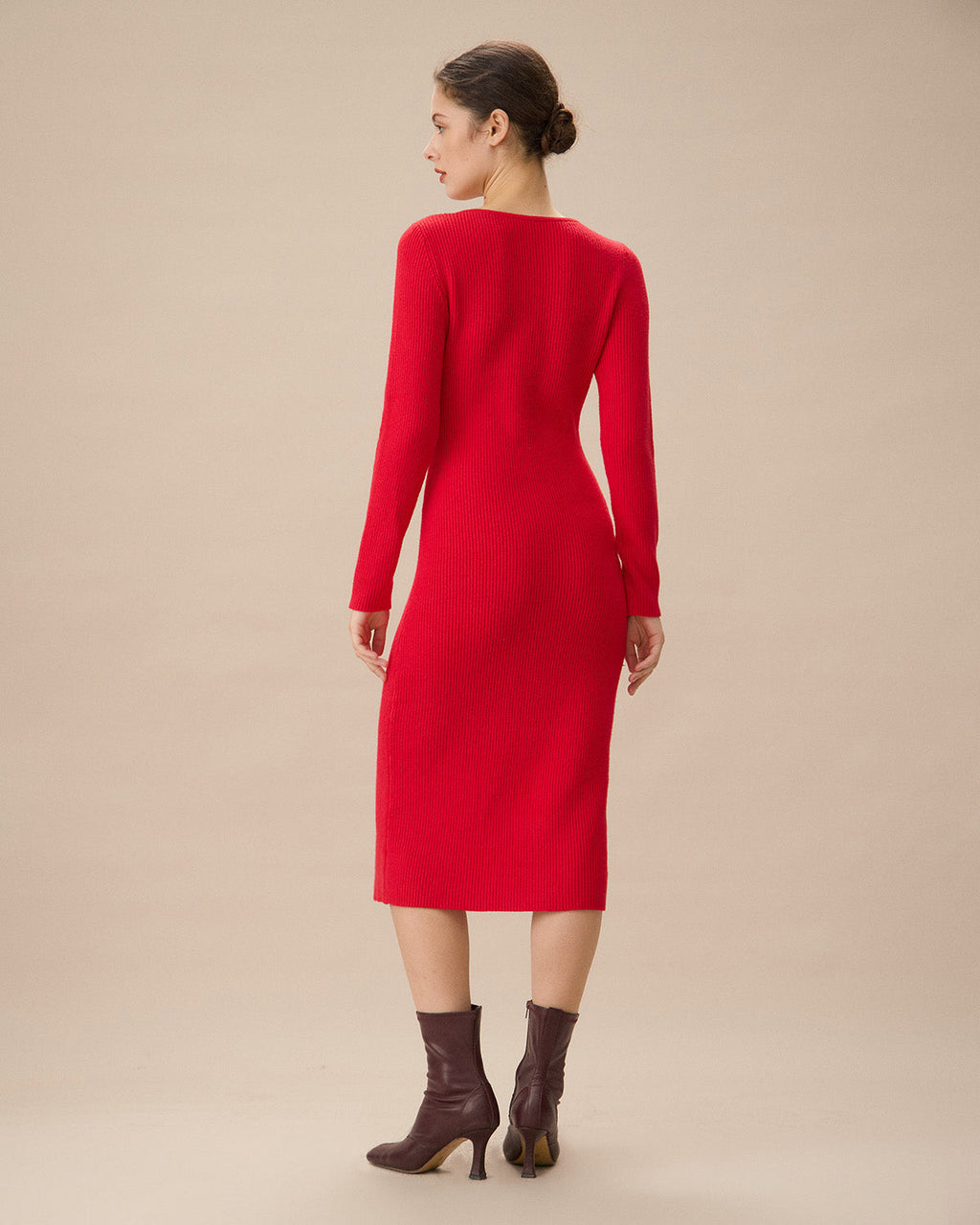 Kırmızı Dekolteli Bodycon Kazak Elbise