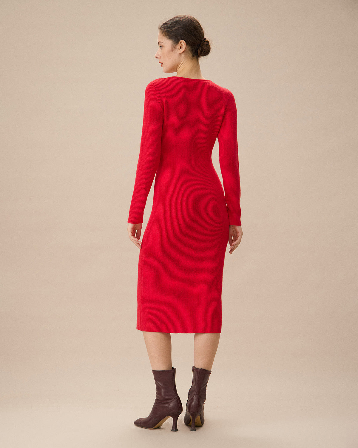 Kırmızı Dekolteli Bodycon Kazak Elbise