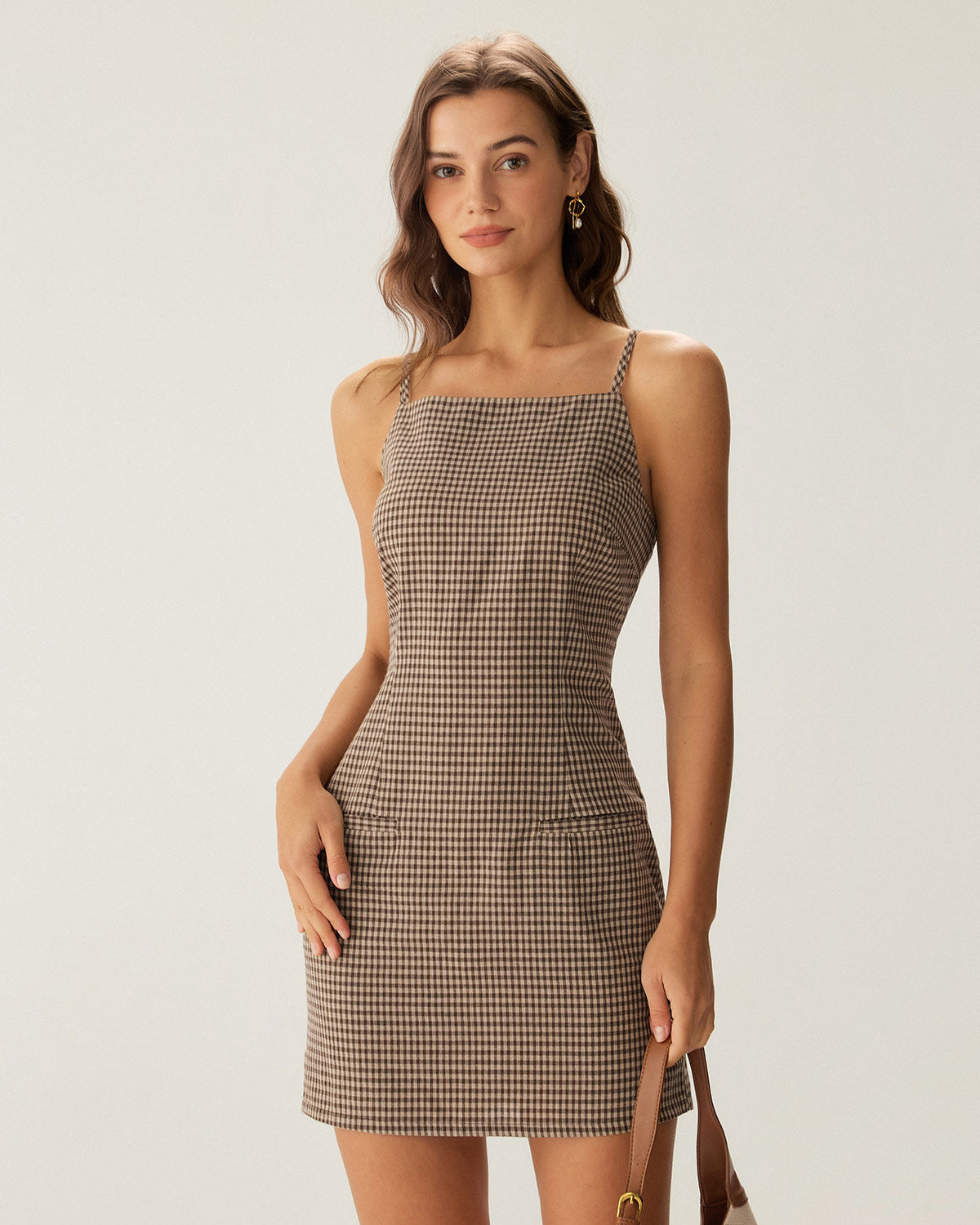 Kahverengi Ekose Slip Mini Elbise