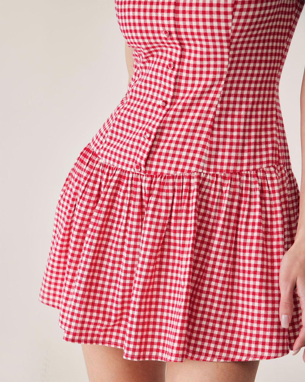 Kırmızı Ekose Kayık Yaka Mini Elbise