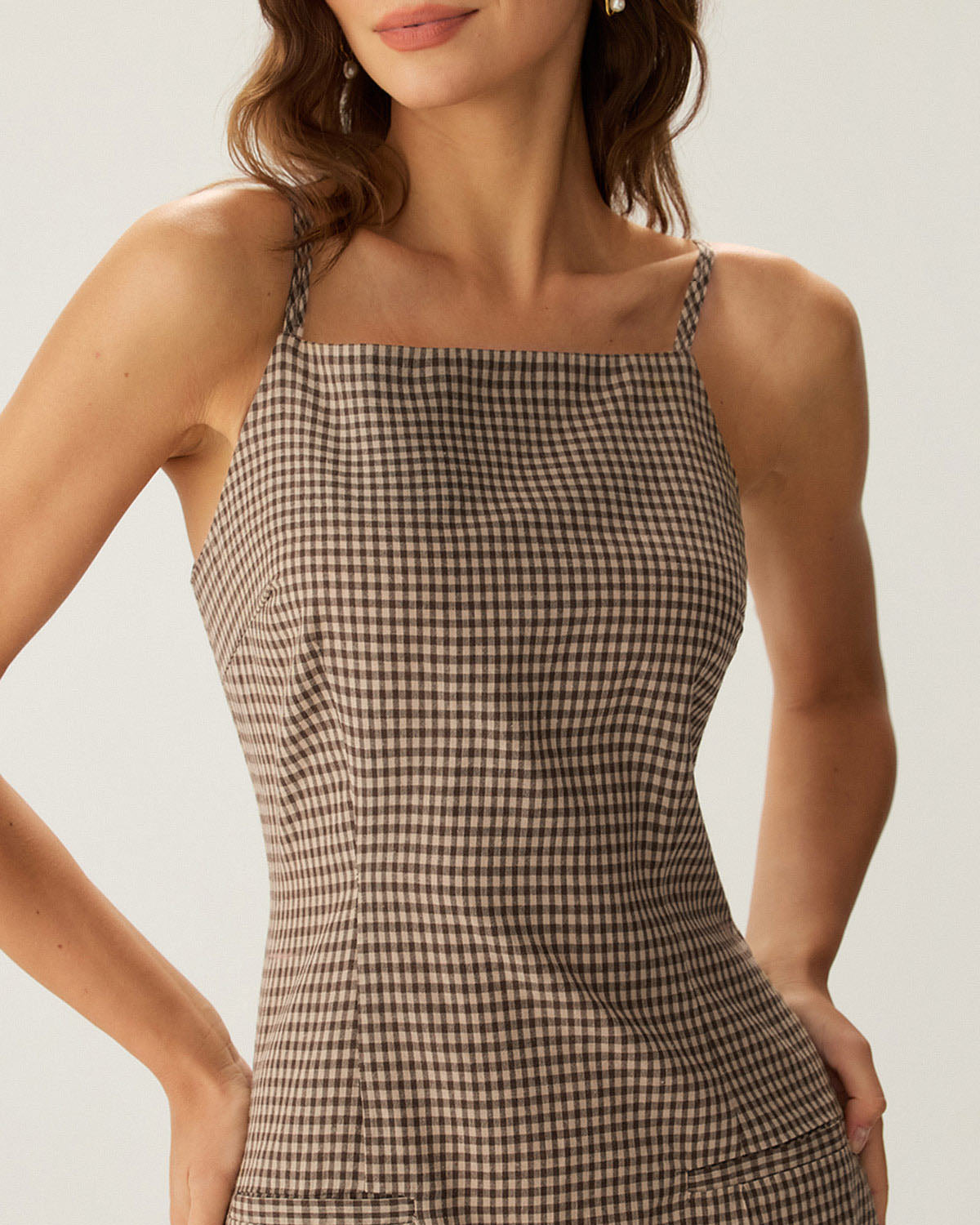 Kahverengi Ekose Slip Mini Elbise