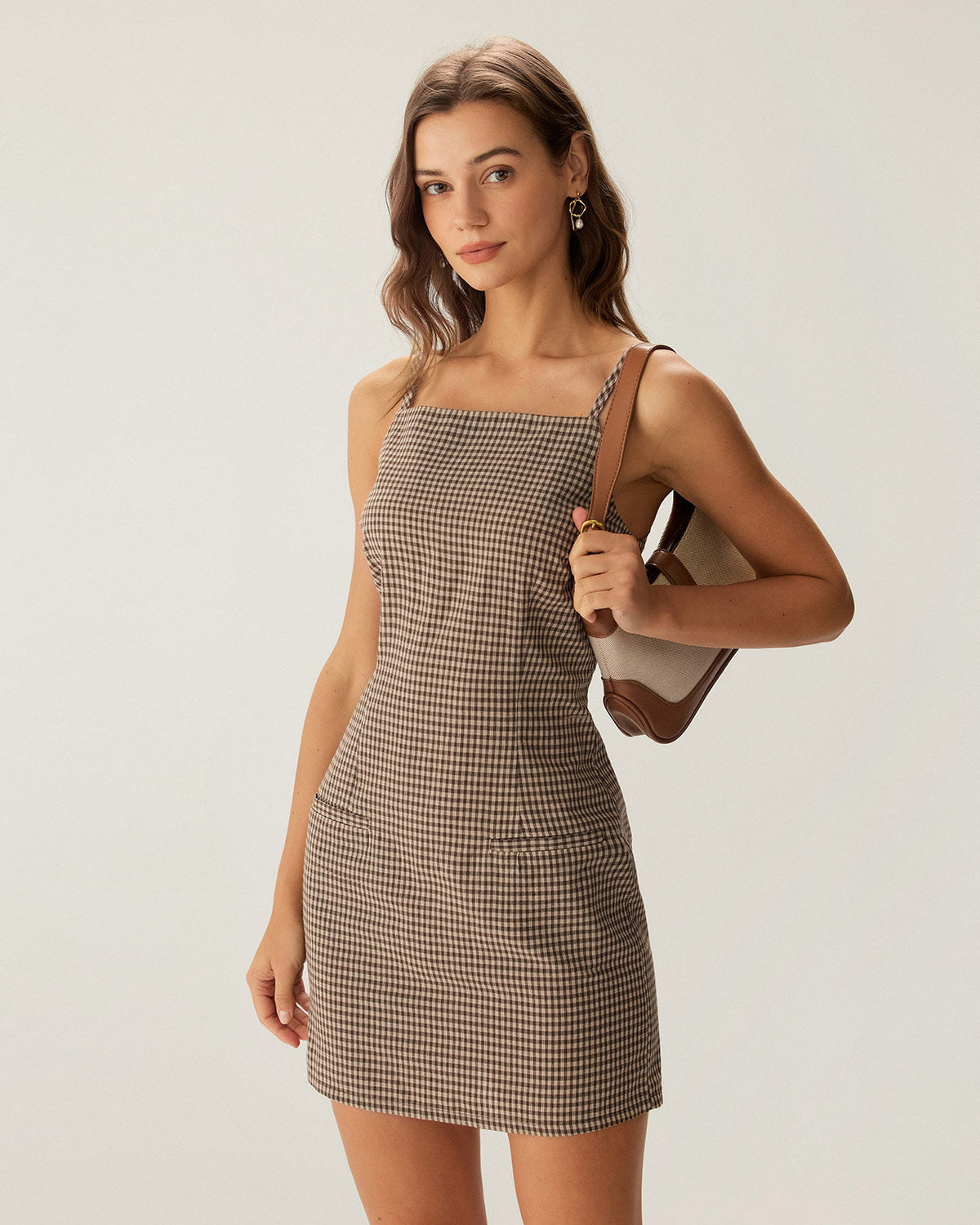 Kahverengi Ekose Slip Mini Elbise