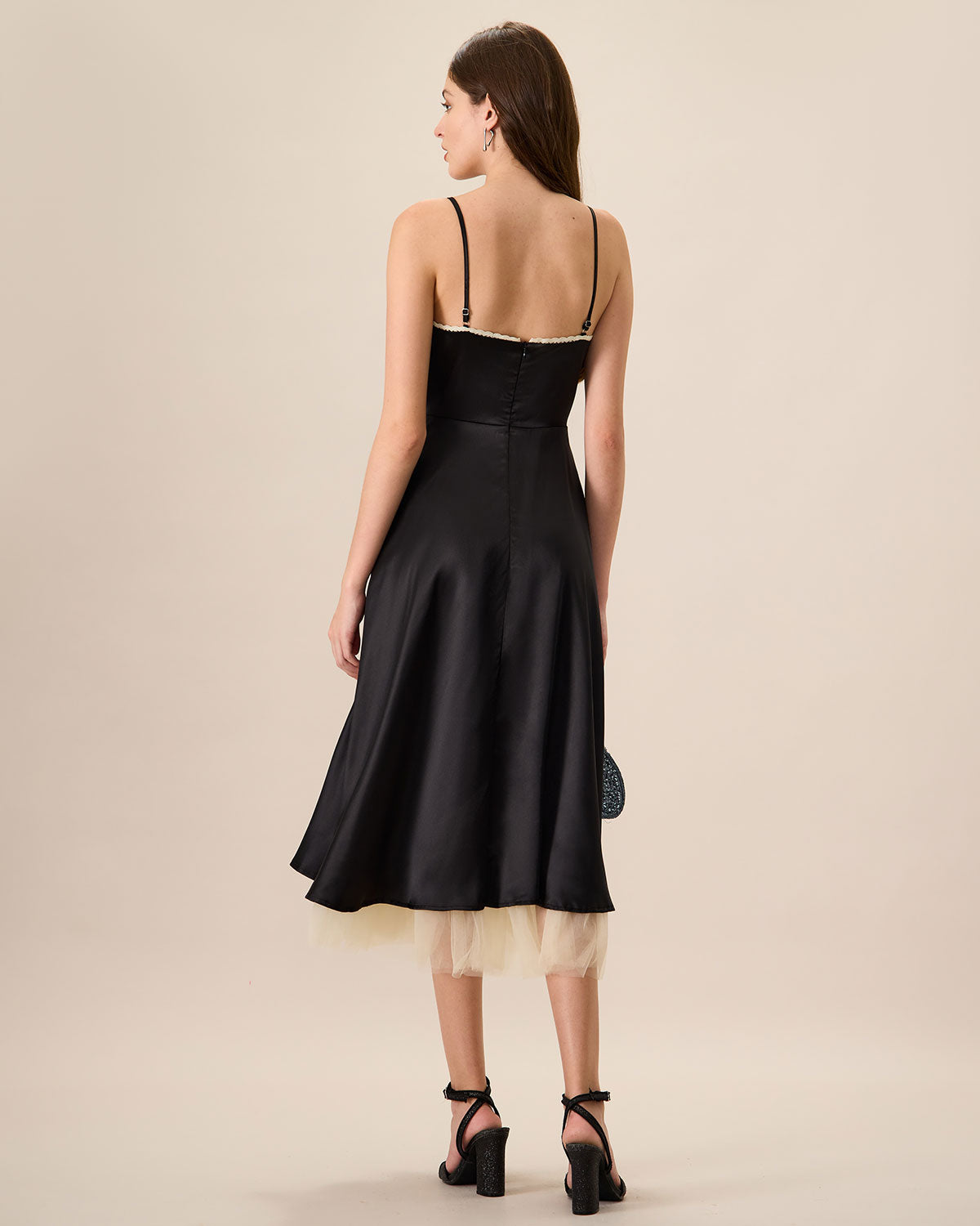 Kadın Siyah Ekleme Saten Slip Midi Elbise