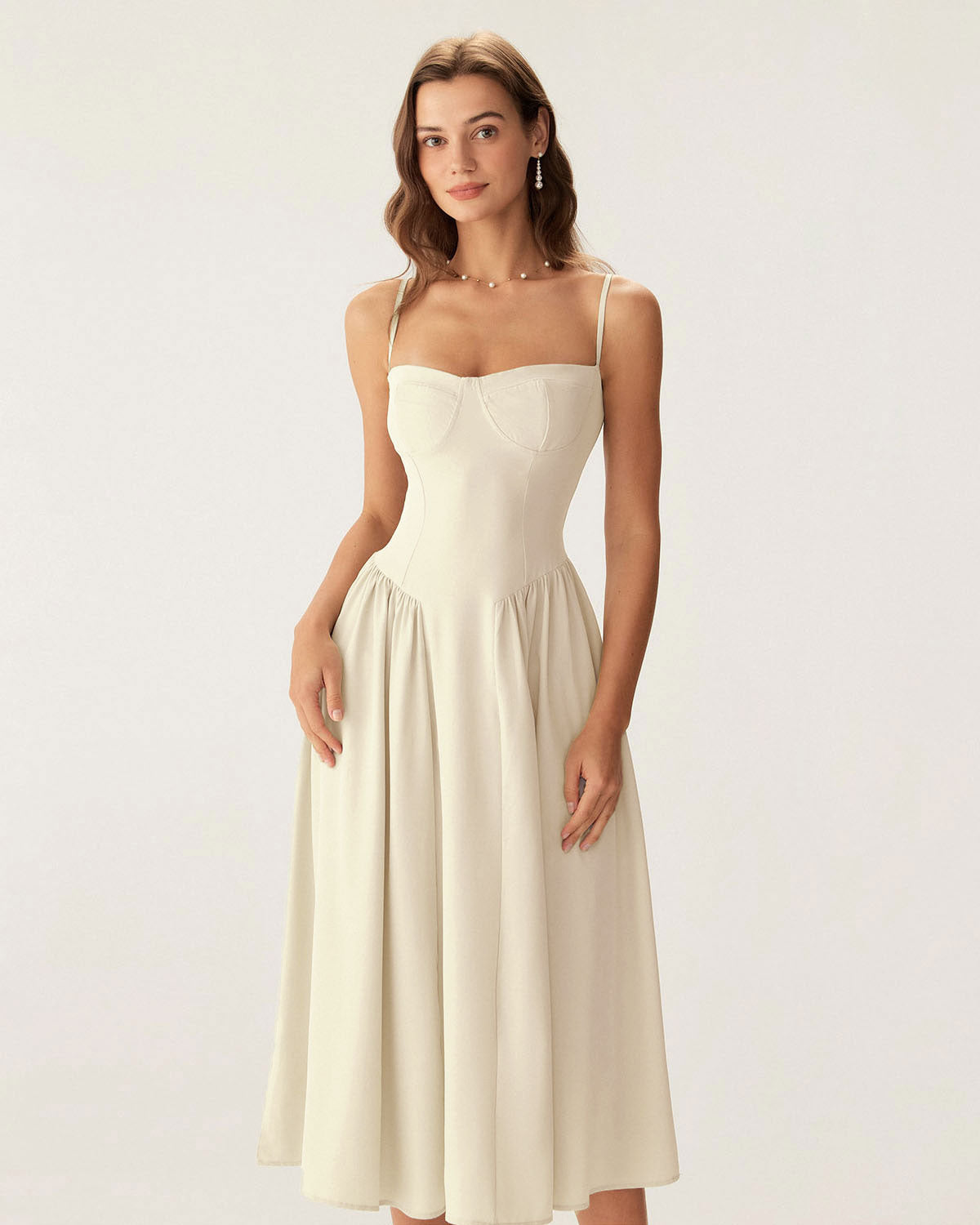 Bej Kare Yaka Cepli Slip Midi Elbise