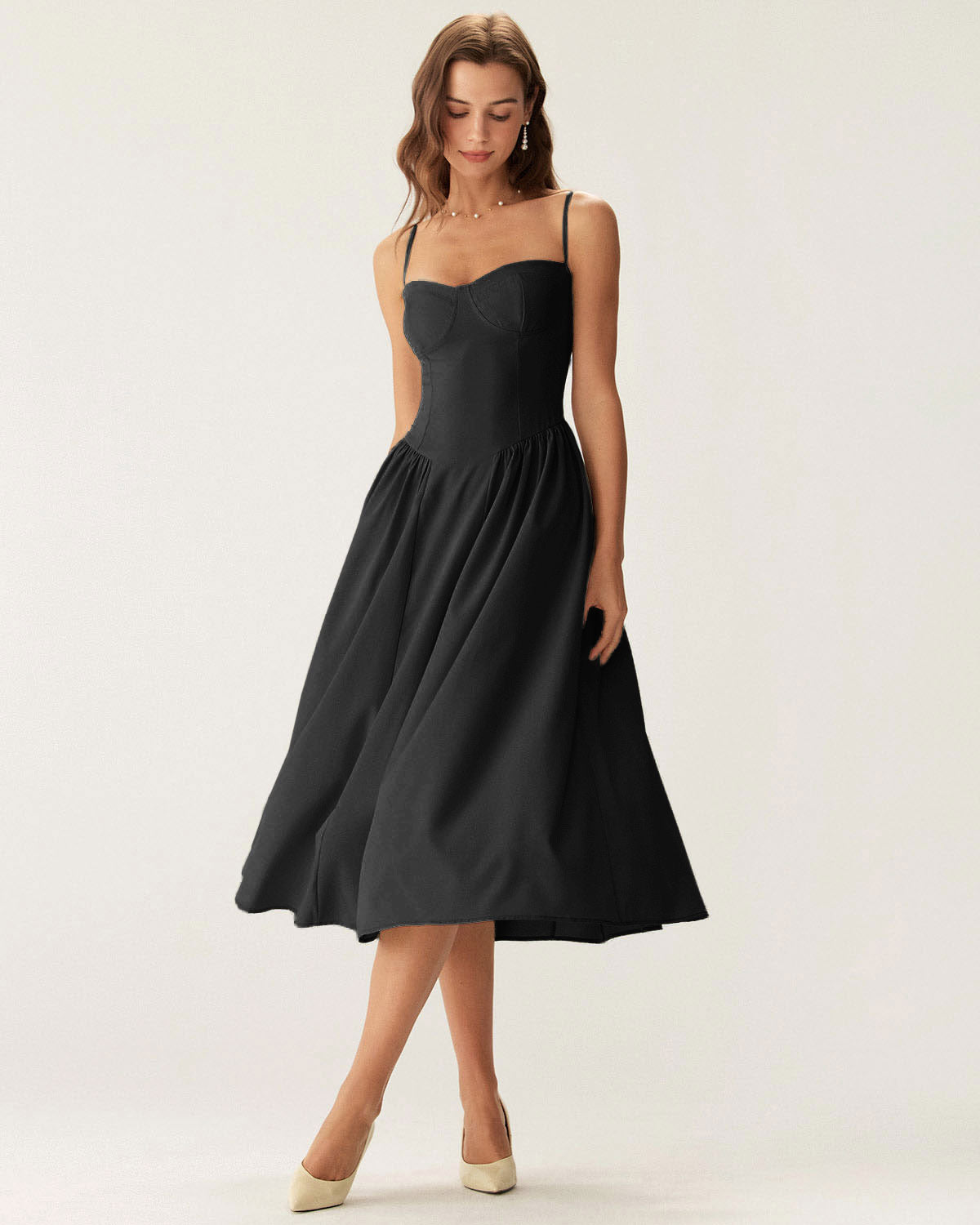 Siyah Kare Yaka Cepli Slip Midi Elbise