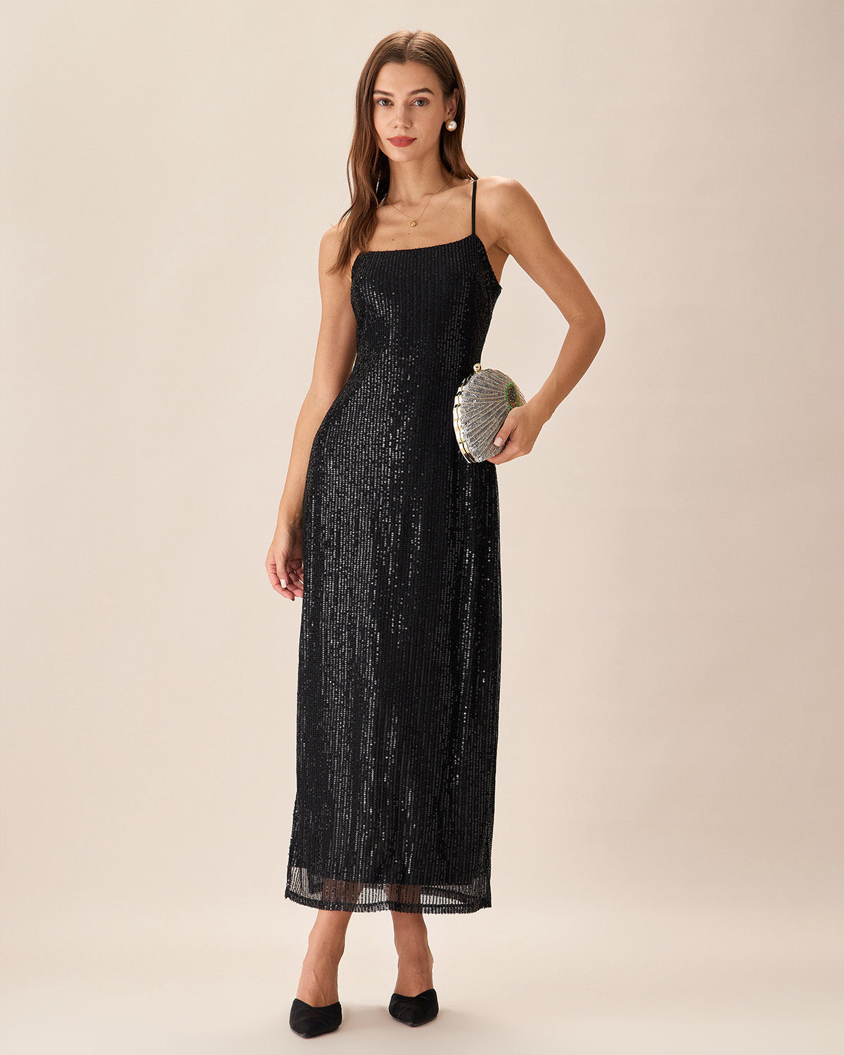 Siyah Payet Bodycon Yırtmaçlı Maxi Elbise