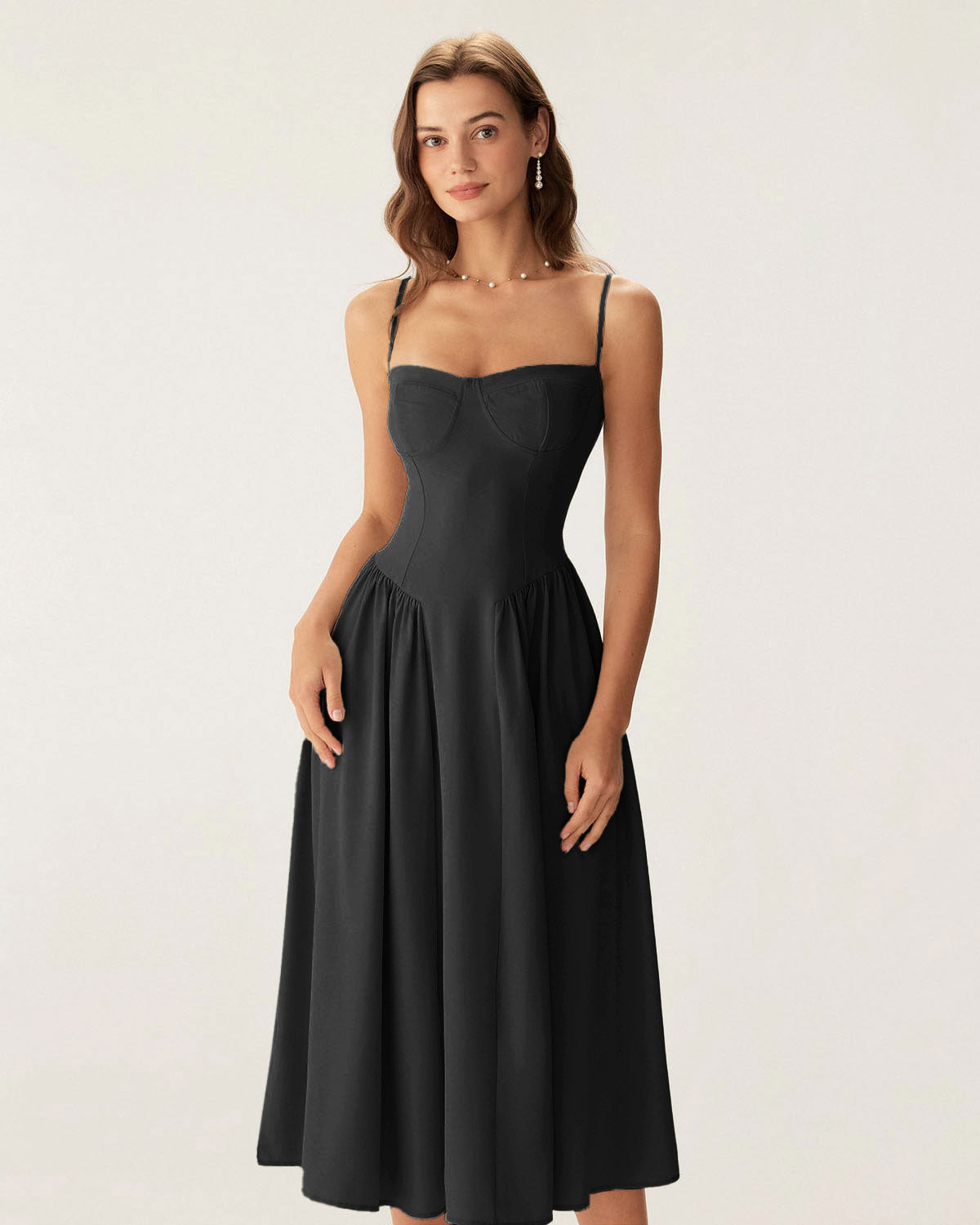 Siyah Kare Yaka Cepli Slip Midi Elbise