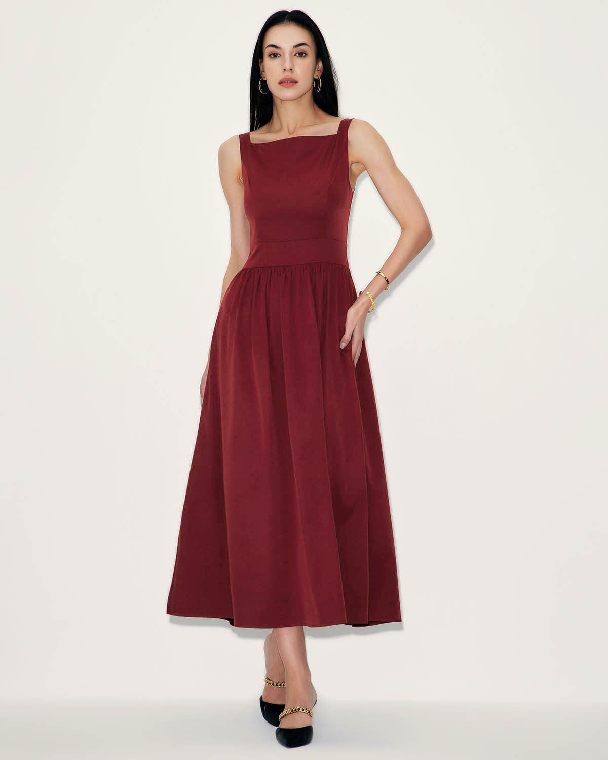Şarap Kırmızı Saten Slip Maxi Elbise