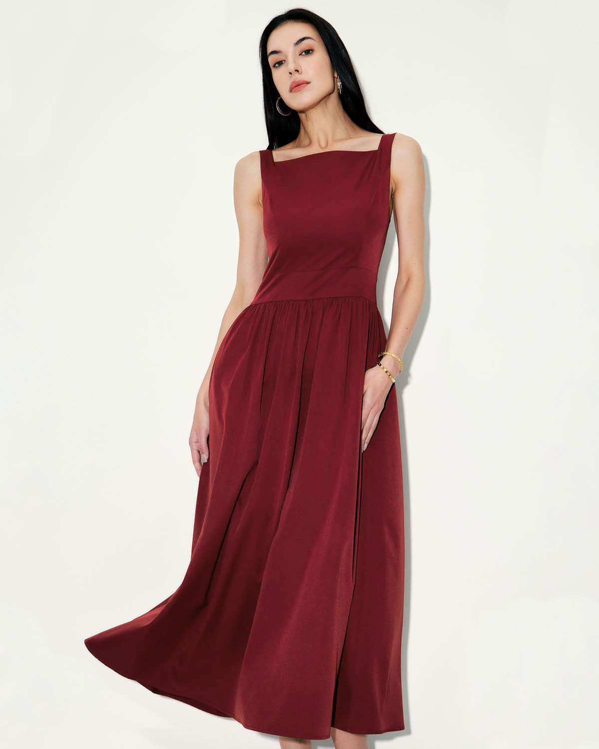 Şarap Kırmızı Saten Slip Maxi Elbise