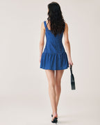 Mavi Puantiyeli Dantelli Slip Mini Elbise