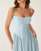 Mavi Kare Yaka Cepli Slip Midi Elbise