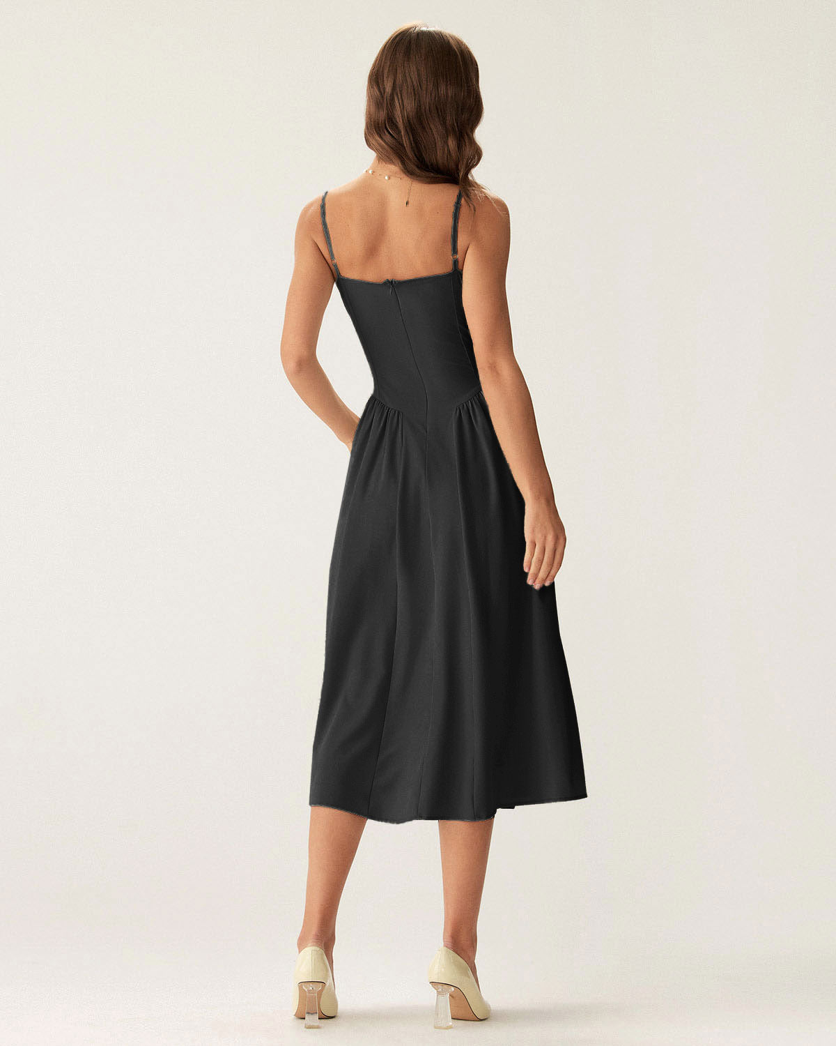 Siyah Kare Yaka Cepli Slip Midi Elbise