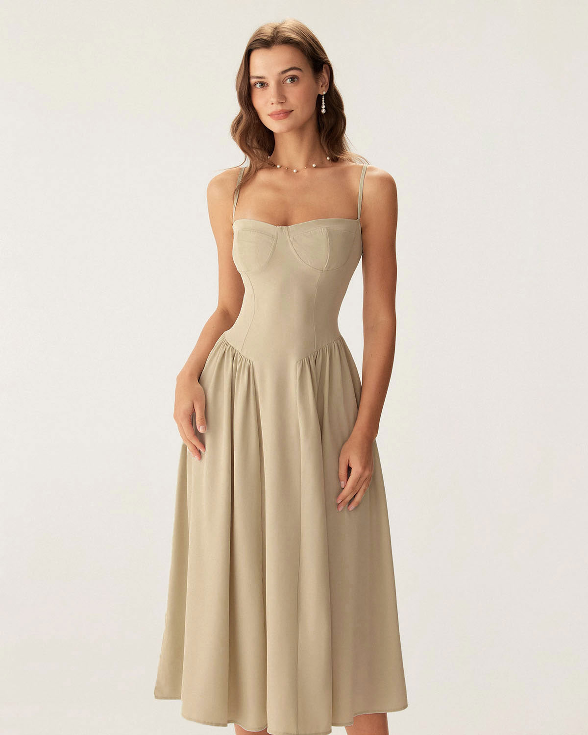 Haki Kare Yaka Cepli Slip Midi Elbise