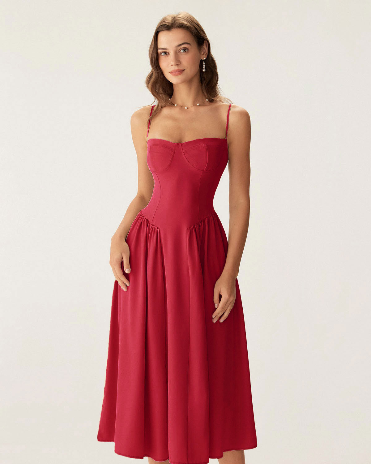 Kırmızı Kare Yaka Cepli Slip Midi Elbise