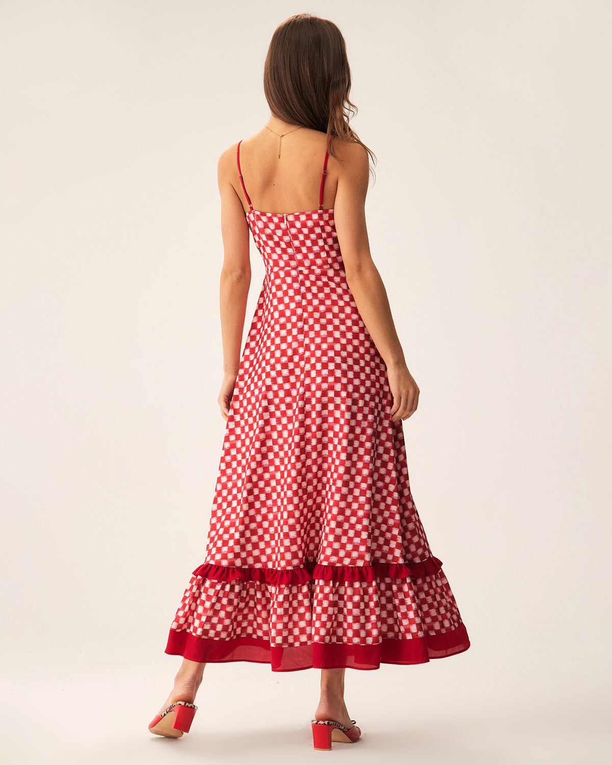 Kırmızı Geometrik Fırfırlı Slip Maxi Elbise