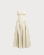 Bej Kare Yaka Cepli Slip Midi Elbise