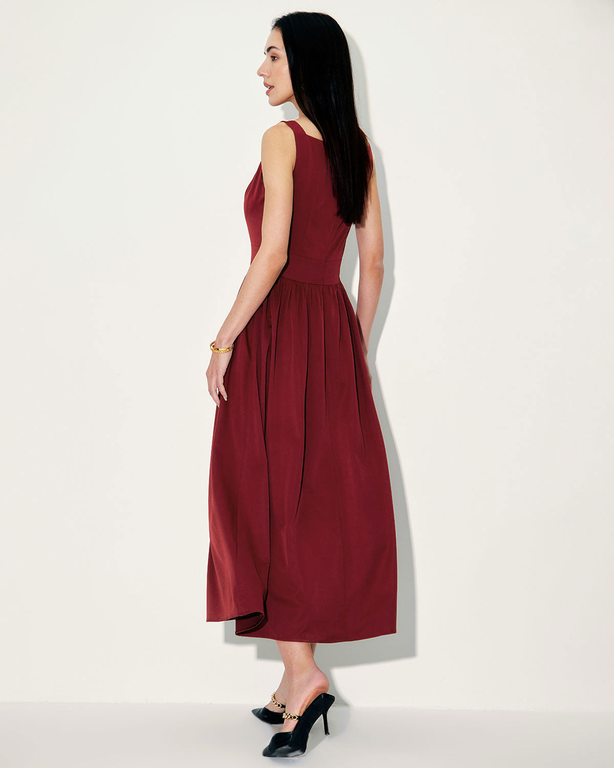 Şarap Kırmızı Saten Slip Maxi Elbise