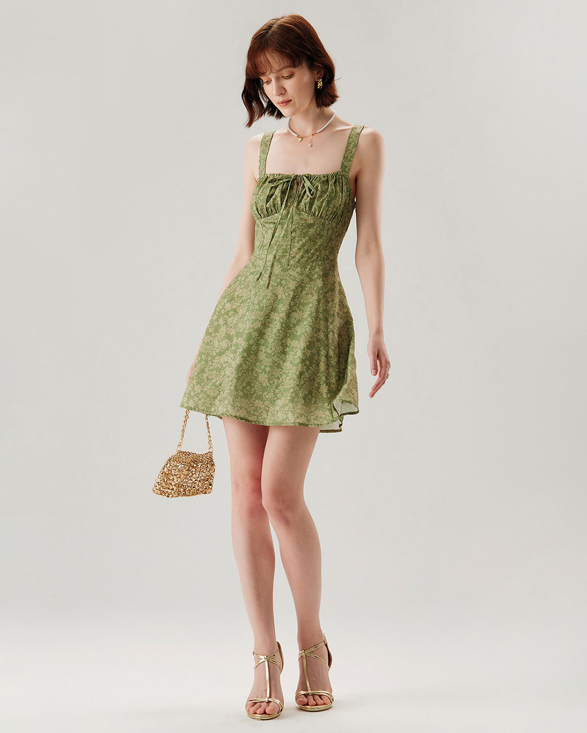 Yeşil Çiçekli Dantelli Slip Mini Elbise