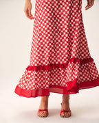 Kırmızı Geometrik Fırfırlı Slip Maxi Elbise
