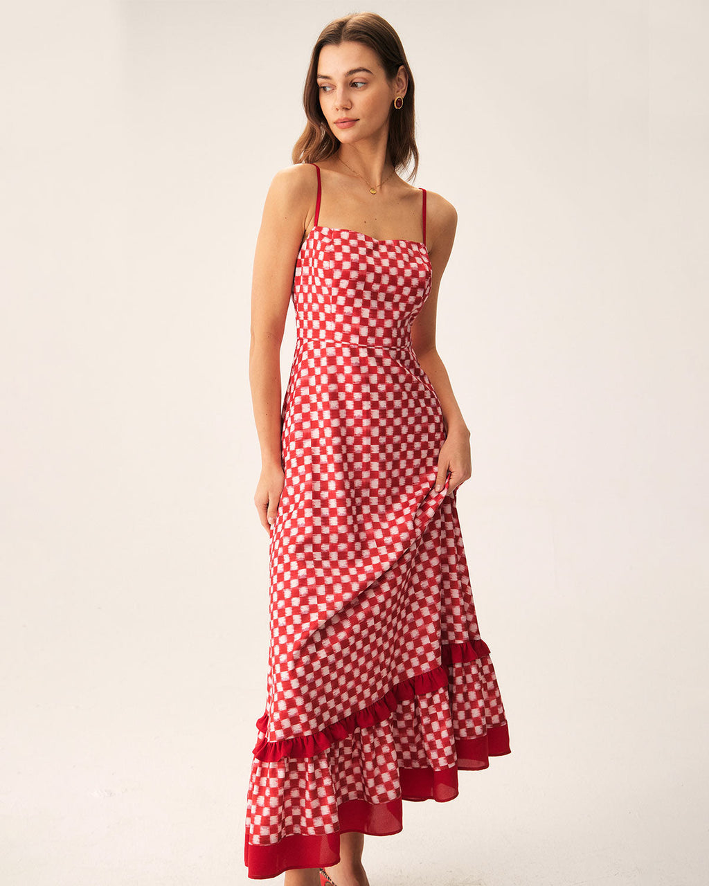 Kırmızı Geometrik Fırfırlı Slip Maxi Elbise