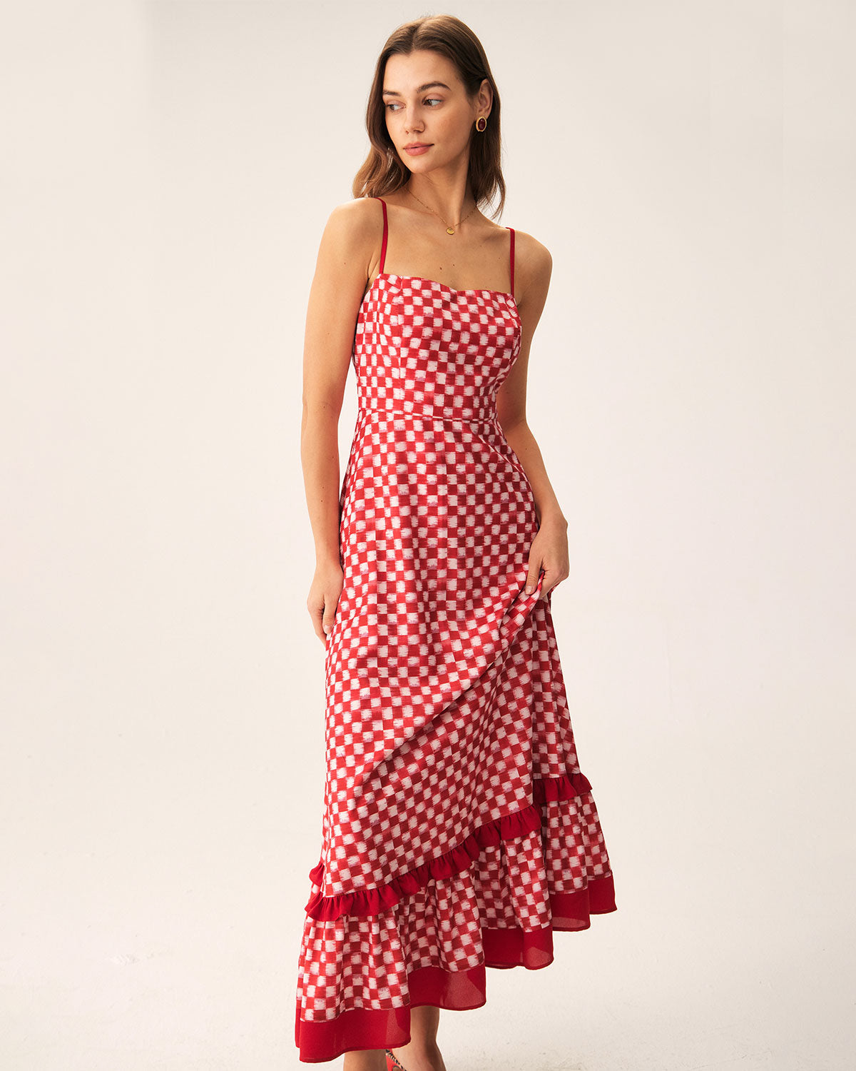 Kırmızı Geometrik Fırfırlı Slip Maxi Elbise