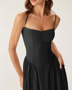 Siyah Kare Yaka Cepli Slip Midi Elbise