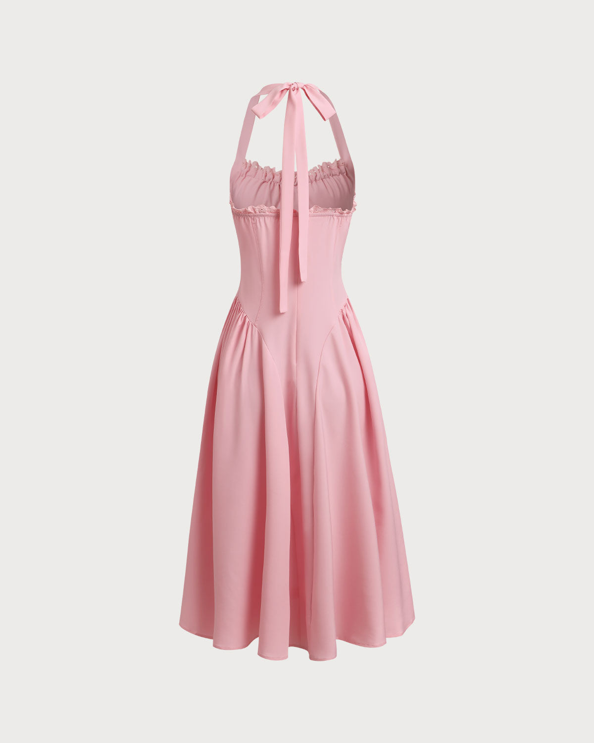 Pembe Dantelli Boyundan Bağlamalı Midi Elbise