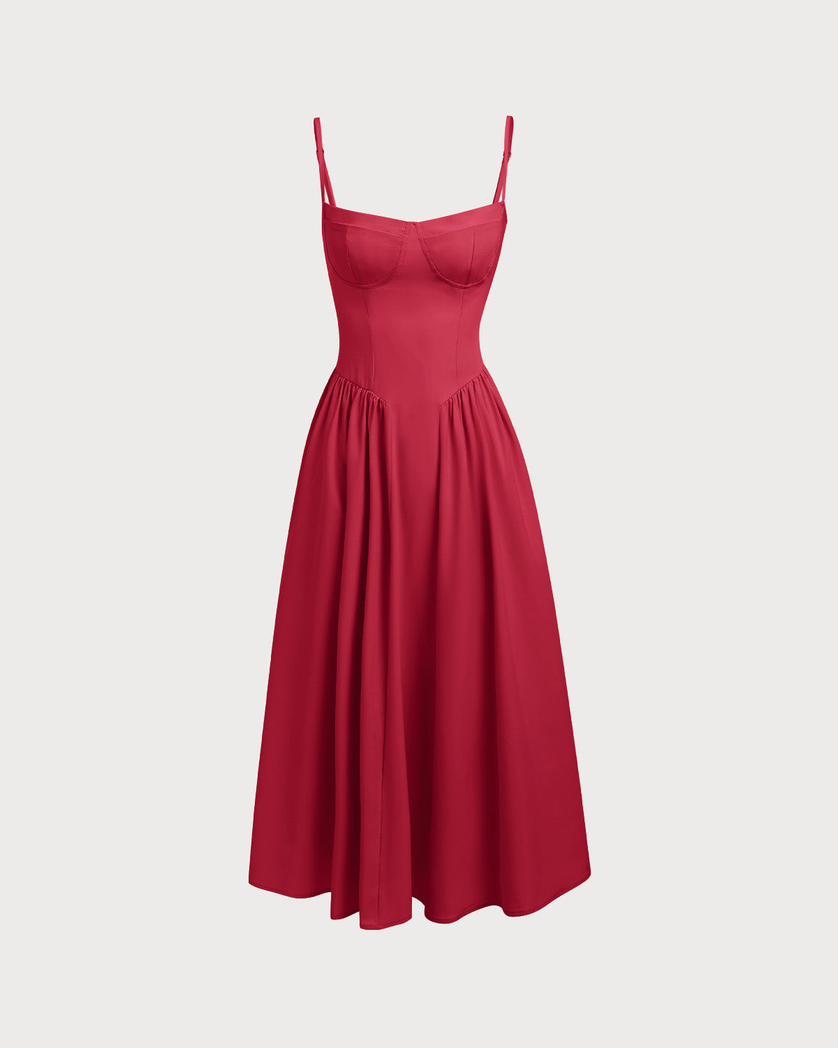 Kırmızı Kare Yaka Cepli Slip Midi Elbise