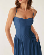 Lacivert Kare Yaka Cepli Slip Midi Elbise