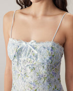 Mavi Çiçekli Dantel Slip Mini Elbise