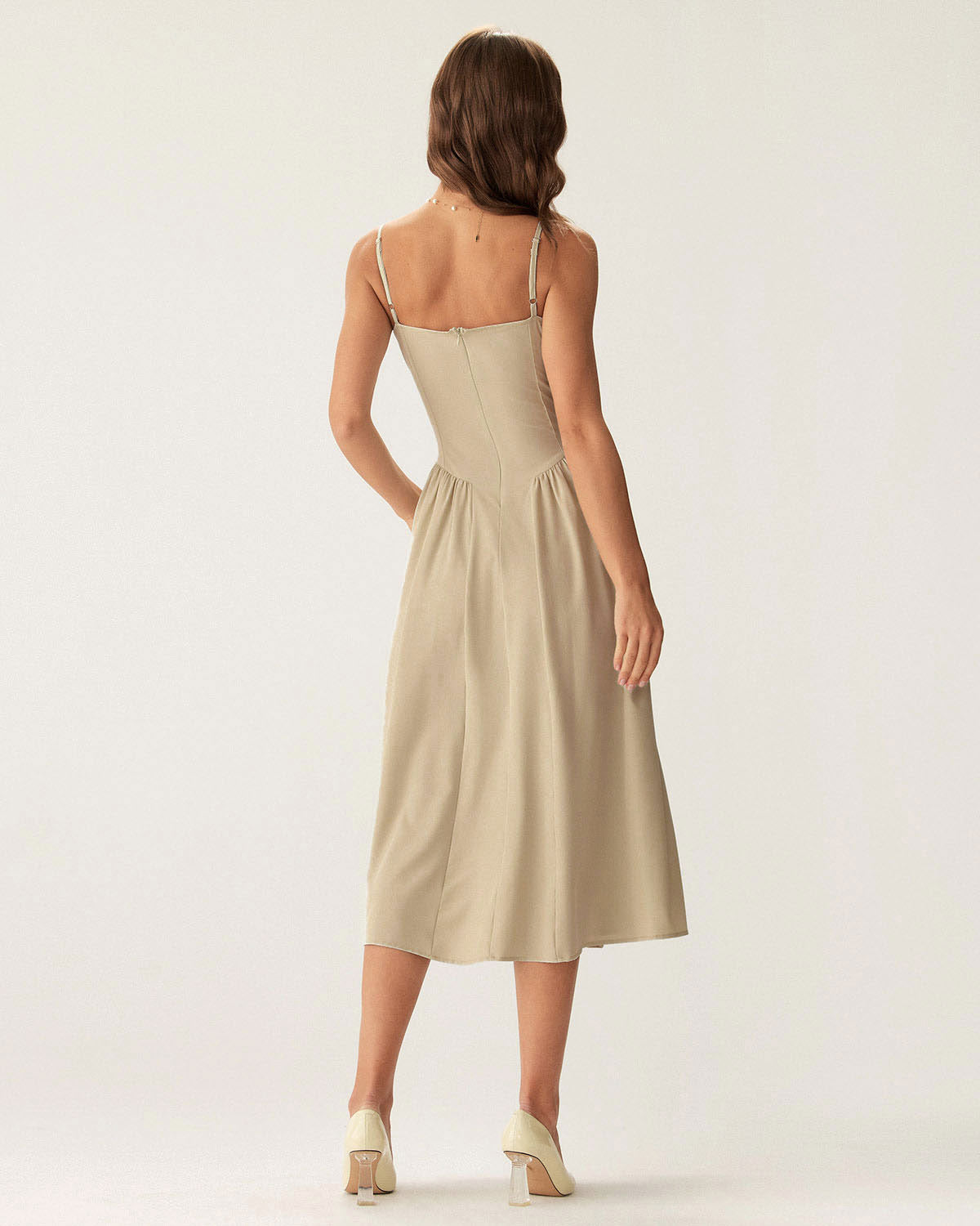 Haki Kare Yaka Cepli Slip Midi Elbise