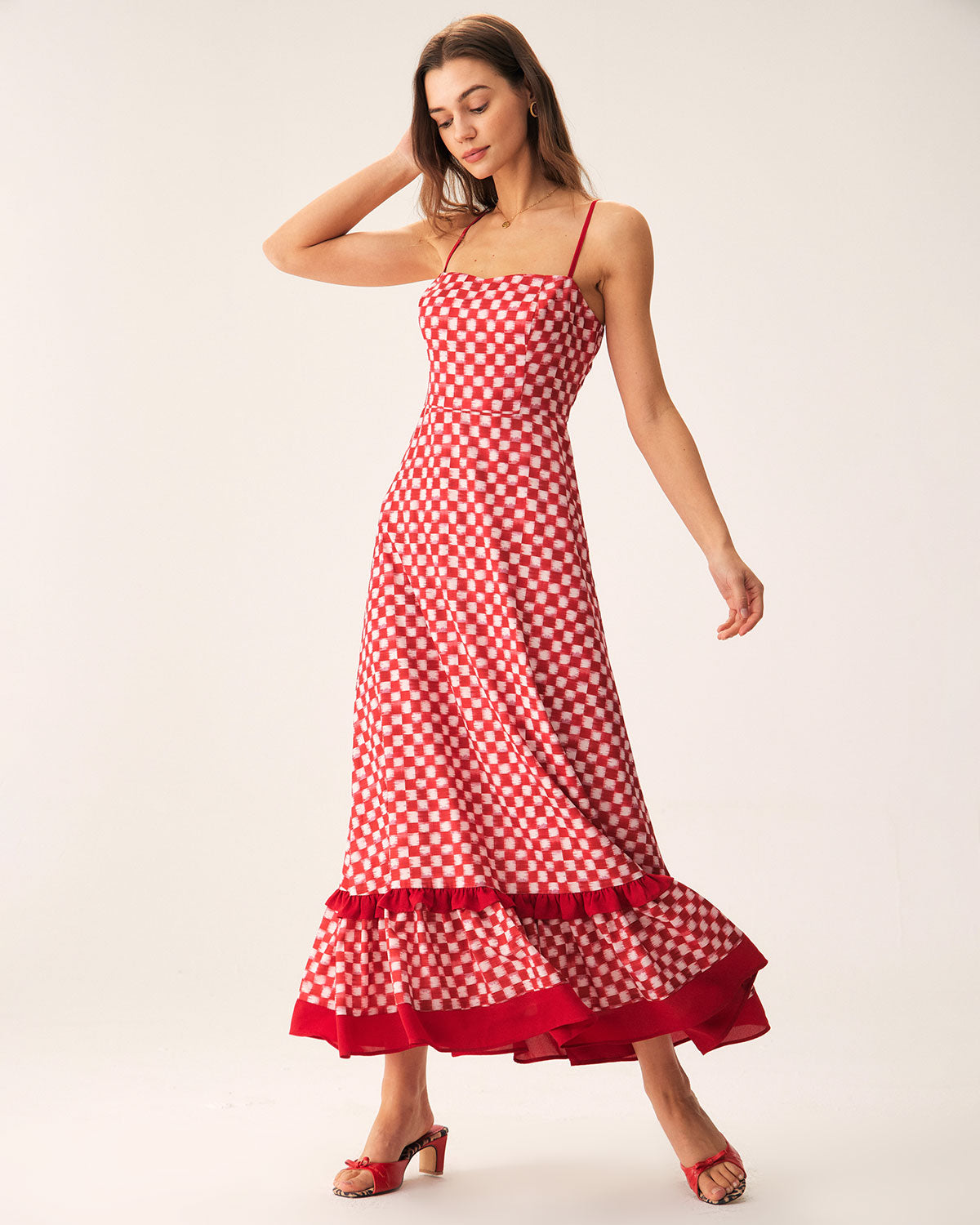 Kırmızı Geometrik Fırfırlı Slip Maxi Elbise