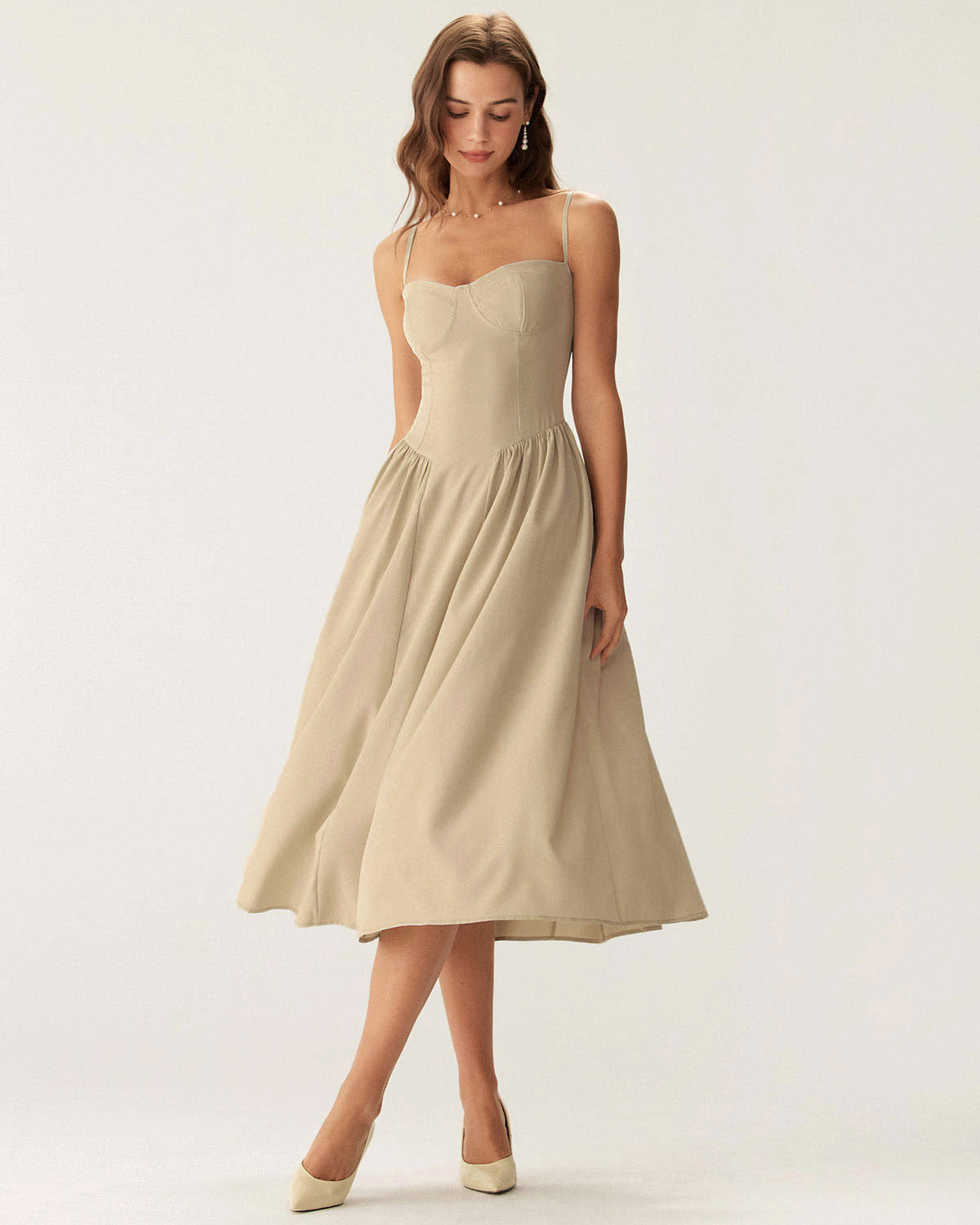 Haki Kare Yaka Cepli Slip Midi Elbise