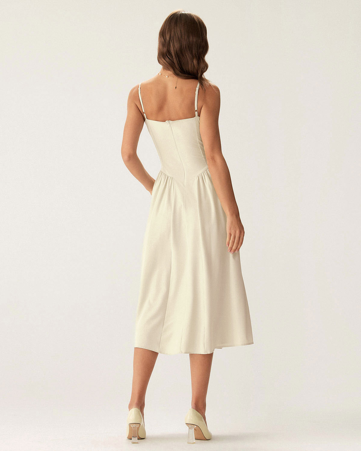 Bej Kare Yaka Cepli Slip Midi Elbise