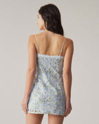 Mavi Çiçekli Dantel Slip Mini Elbise
