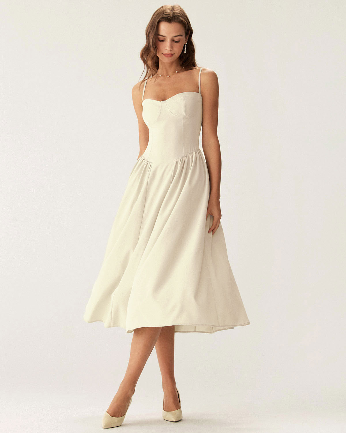 Bej Kare Yaka Cepli Slip Midi Elbise