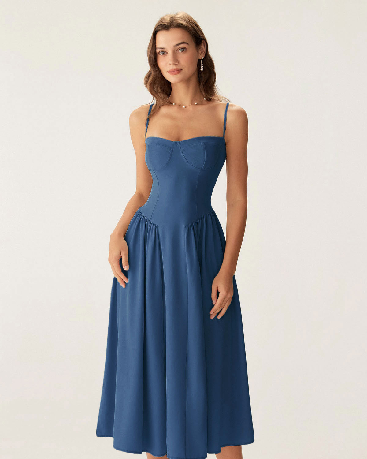 Lacivert Kare Yaka Cepli Slip Midi Elbise