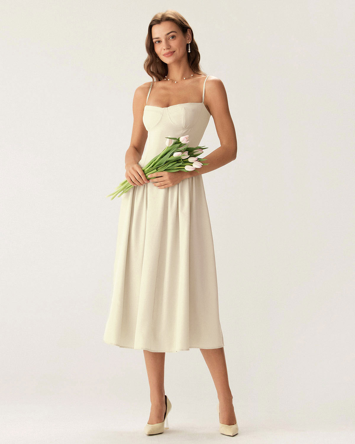 Bej Kare Yaka Cepli Slip Midi Elbise