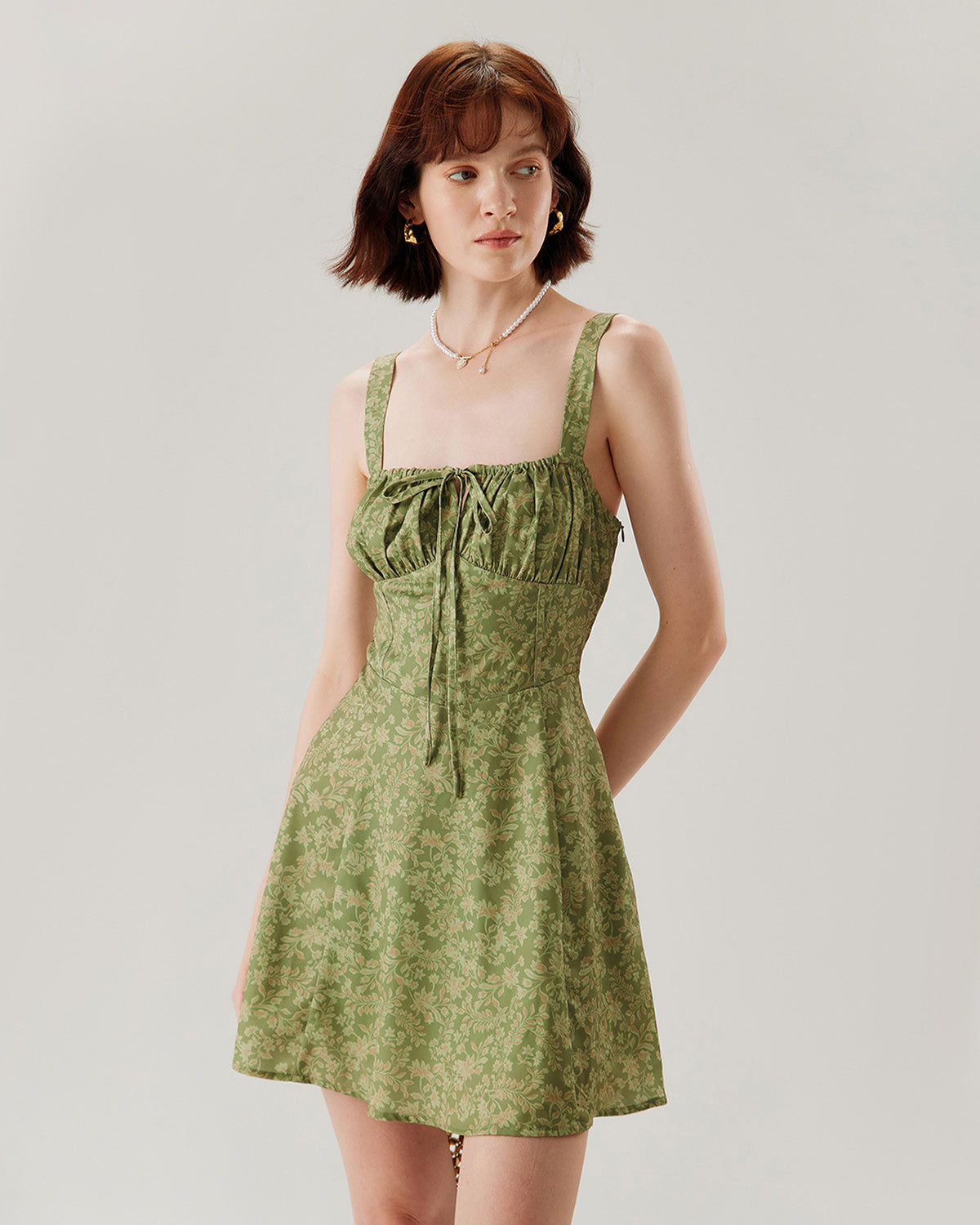 Yeşil Çiçekli Dantelli Slip Mini Elbise